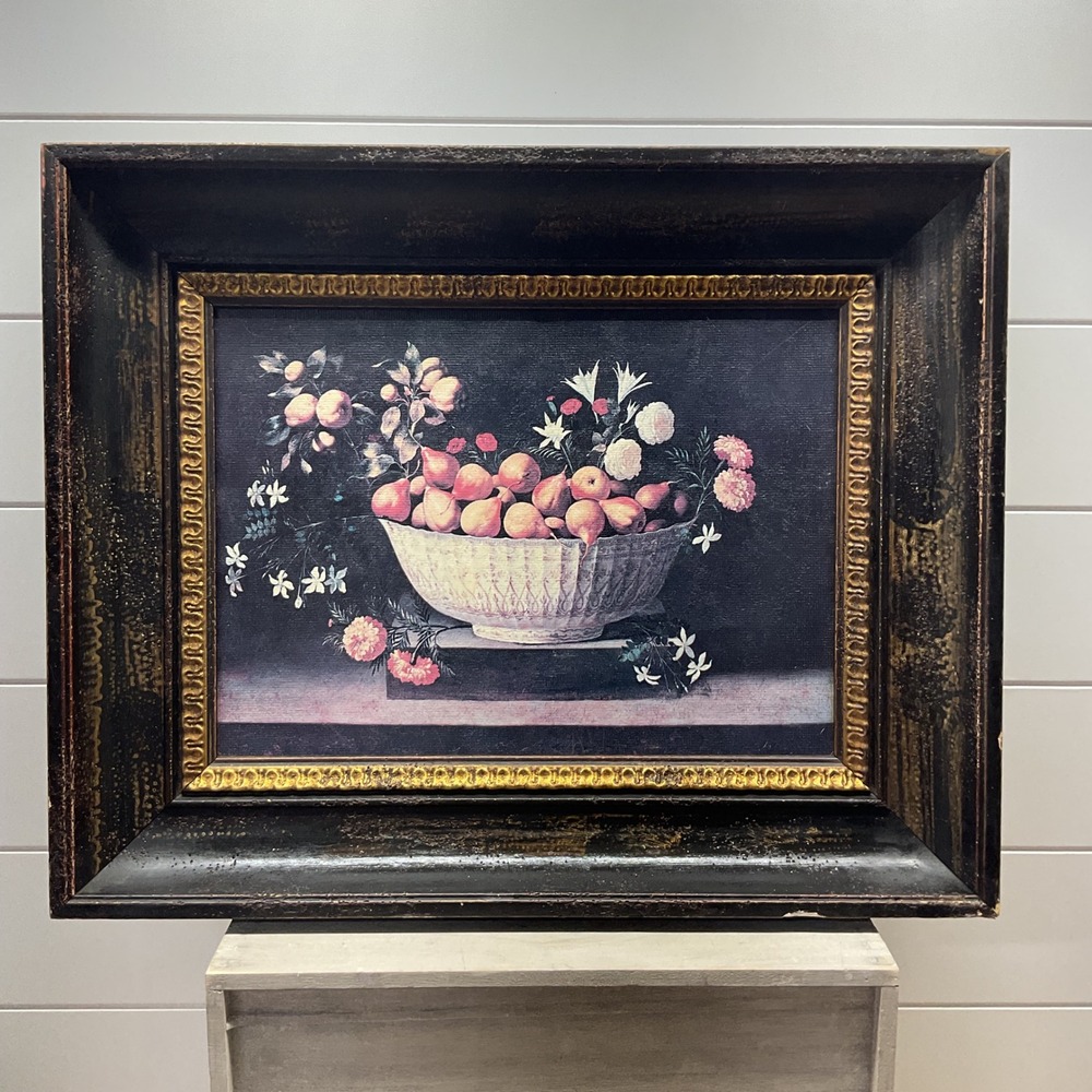 Shadow Catchers Still Life Fruit Flowers Distressed Black Gold Wood Frame 20x16